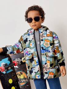 SHEIN Young Boy Cartoon Graphic Hooded Padded Coat