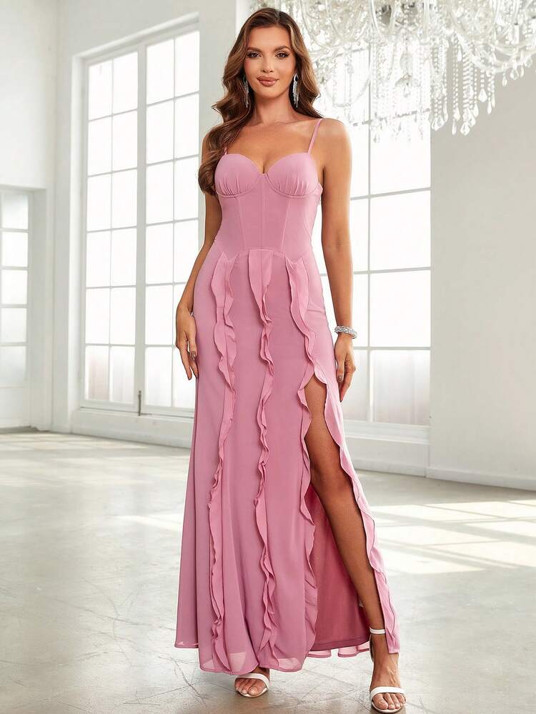 Ruffle Trim Split Thigh Chiffon Bridesmaid Dress