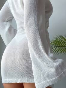 腰部抽繩交疊領罩衫洋裝不附比基尼 - 白色 - 查看 3