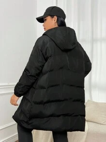 SHEIN EZwear Plus Zip Up Hooded Padded Coat - Black - View 2
