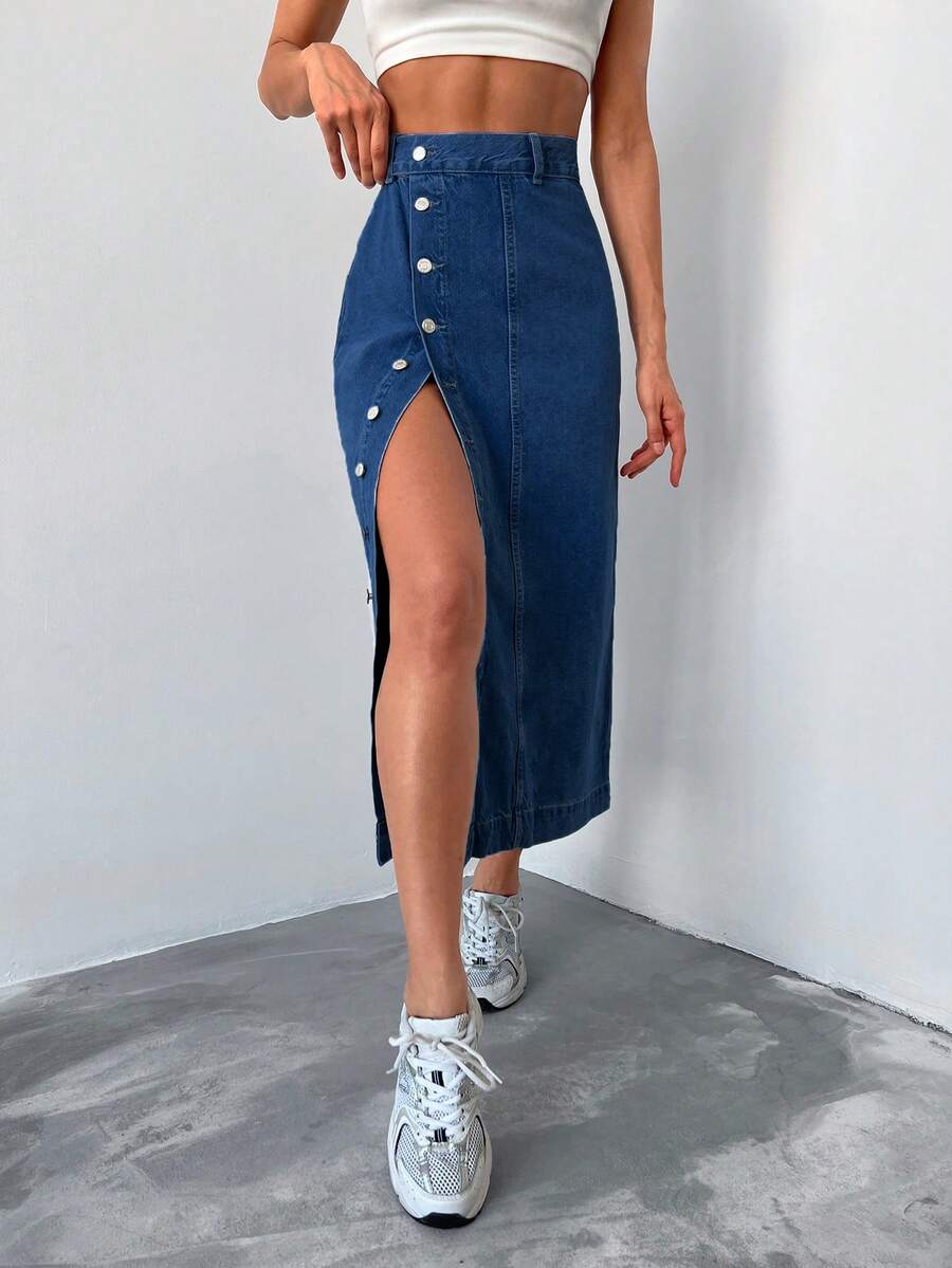 Cottnline Falda en mezclilla con botón delantero - Azul lavado oscuro - Ver 1