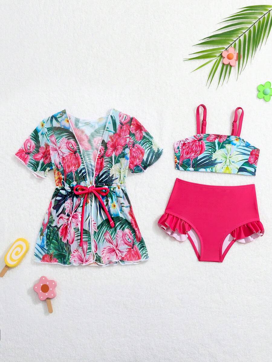 Ropa de playa de verano para bebé niña con estampado tropical, ribete de volantes y kimono - Multicolor - Ver 1