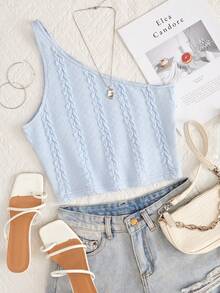 SHEIN EZwear Camiseta crop de cuello asimétrico - Celeste - Ver 6