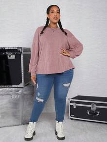 SHEIN CURVE+ Hơn Thả vai Đồ đan Ribbed Áo thun - Bụi hồng - Xem 5