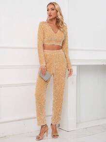 Zolique Women's Glitter Top And Pants Set - Khaki - View 6