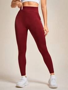 Easithlete Colanți sport cu talie largă și grafică cu litere pentru yoga de Anul Nou Chinezesc, pantaloni de femei - Burgundia - Vizualizare 4