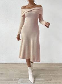 Chiquease Foldover Off Shoulder Twist Front Sweater Dress - Coral Pink - View 6