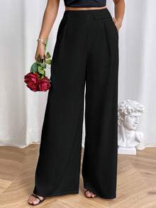SHEIN Essnce Solid Wide Leg Suit Pants - Black - View 5