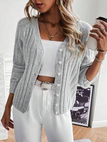 SHEIN Essnce Chất rắn Tay Raglan Nút phía trước Áo len Mở - Màu Xám nhạt - Xem 2