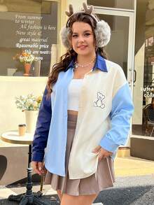 SHEIN EZwear Plus Size Fall/winter Colorblock Teddy Bear Embroidery Shirt - Multicolor - View 6