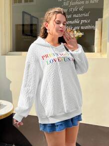 SHEIN EZwear Plus Size Letter Embroidery Drop Shoulder Drawstring Sweatshirt - White - View 5