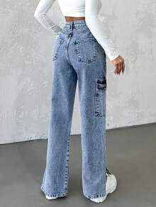 EURMUSE Women's Flap Pocket Washed Denim Jeans - Blue - View 2