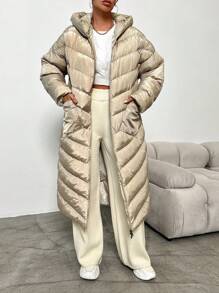 EURMUSE Dual Pocket Drop Shoulder Hooded Puffer Coat - Beige - View 1