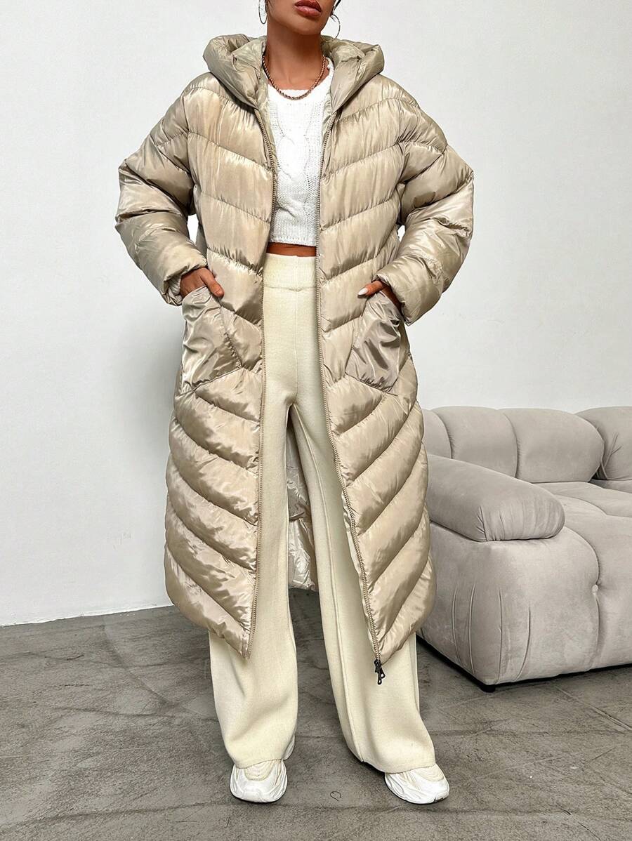 EURMUSE Dual Pocket Drop Shoulder Hooded Puffer Coat - Beige - View 1