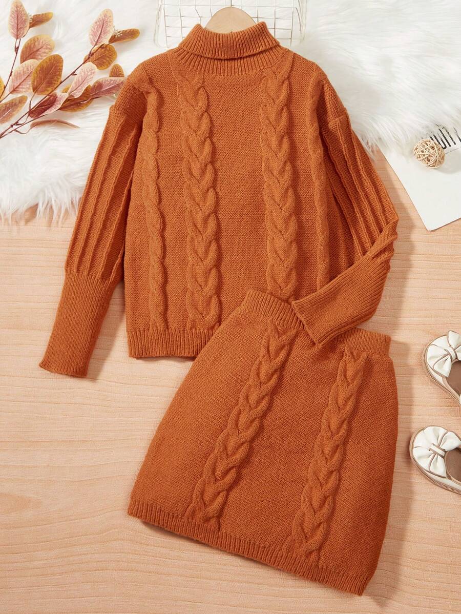 SHEIN 女大童高領落肩袖套頭毛衣&麻花編織半身裙 - 棕色 - 查看 1
