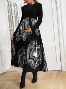 SHEIN Maternity Graphic Print A-line Dress - Black - View 5