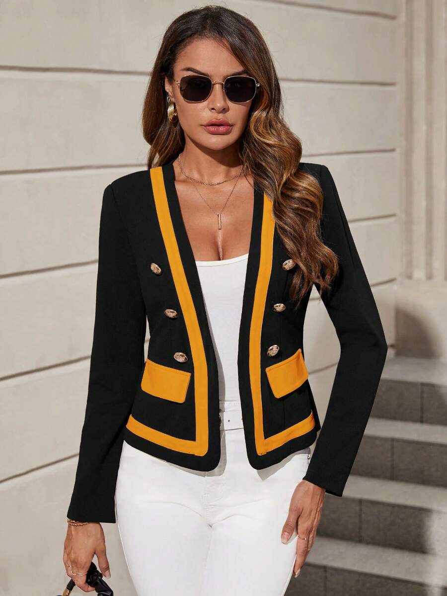 SHEIN Clasi Contrast Trim Double Breasted Flap Detail Blazer - Yellow - View 1