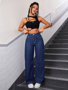 SHEIN ICON 素色直筒牛仔褲 - 深色水洗藍 - 查看 6