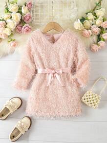 SHEIN Young Girl Solid Fuzzy Belted Dress - Pink - View 1