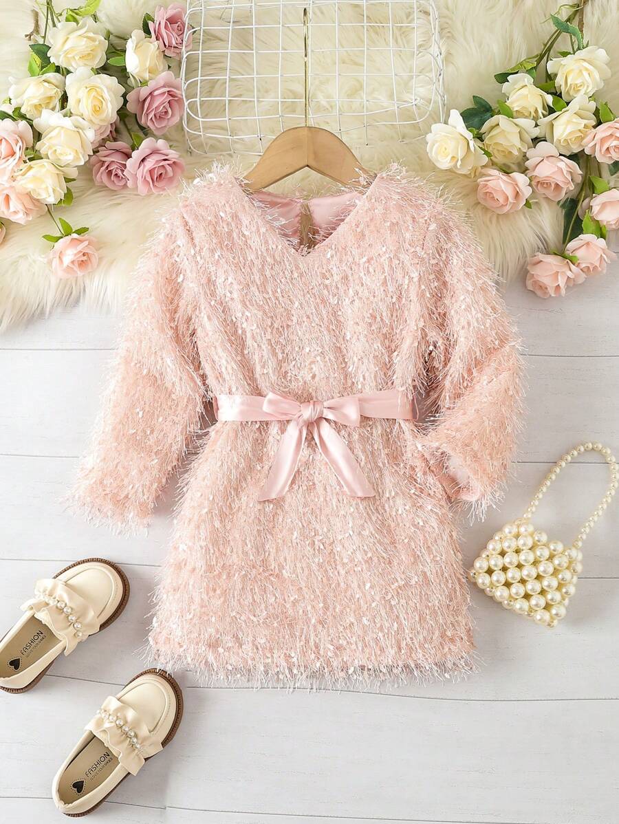 SHEIN Young Girl Solid Fuzzy Belted Dress - Pink - View 1