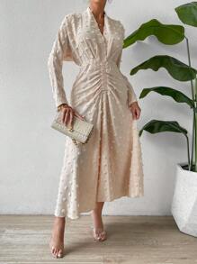 Chiquease 圓點前收褶A字洋裝 - 杏色 - 查看 5