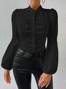 Chiquease 水溶蕾絲拼接燈籠袖襯衫 - 黑色 - 查看 5