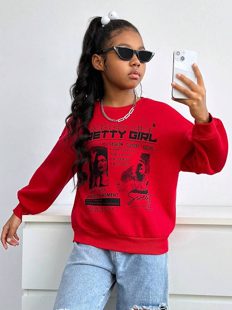 Tween Girl Slogan & Figure Graphic Drop Shoulder Pullover,In Fall/Winter