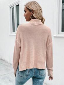 SHEIN LUNE 高领落肩口袋拼接针织套头衫秋冬毛衣 - 藕粉色 - 查看 2