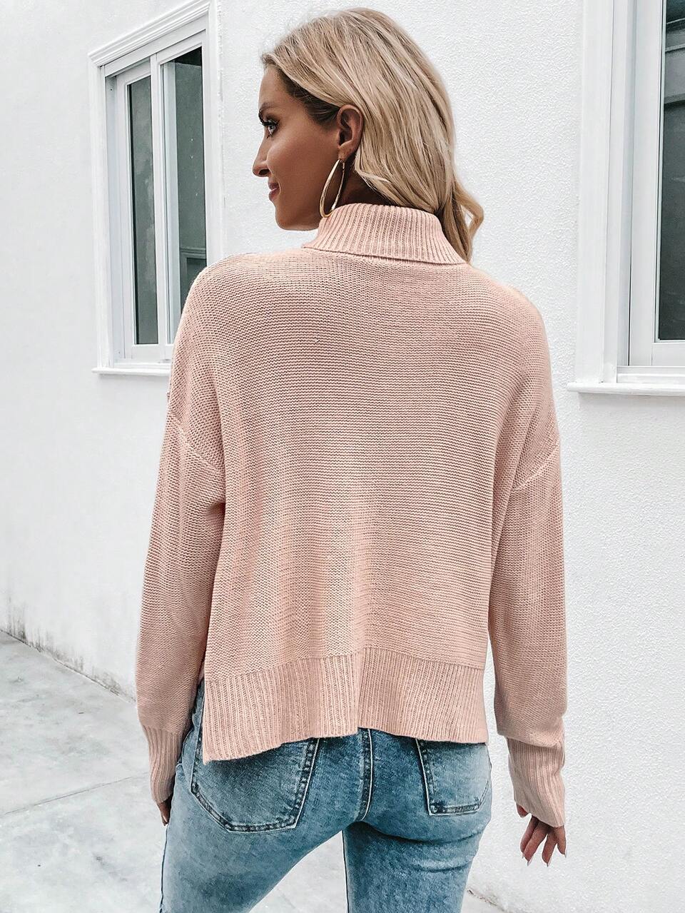 Mock Neck Drop Shoulder Pocket Patched Knit Pullover Fall Winter Sweater