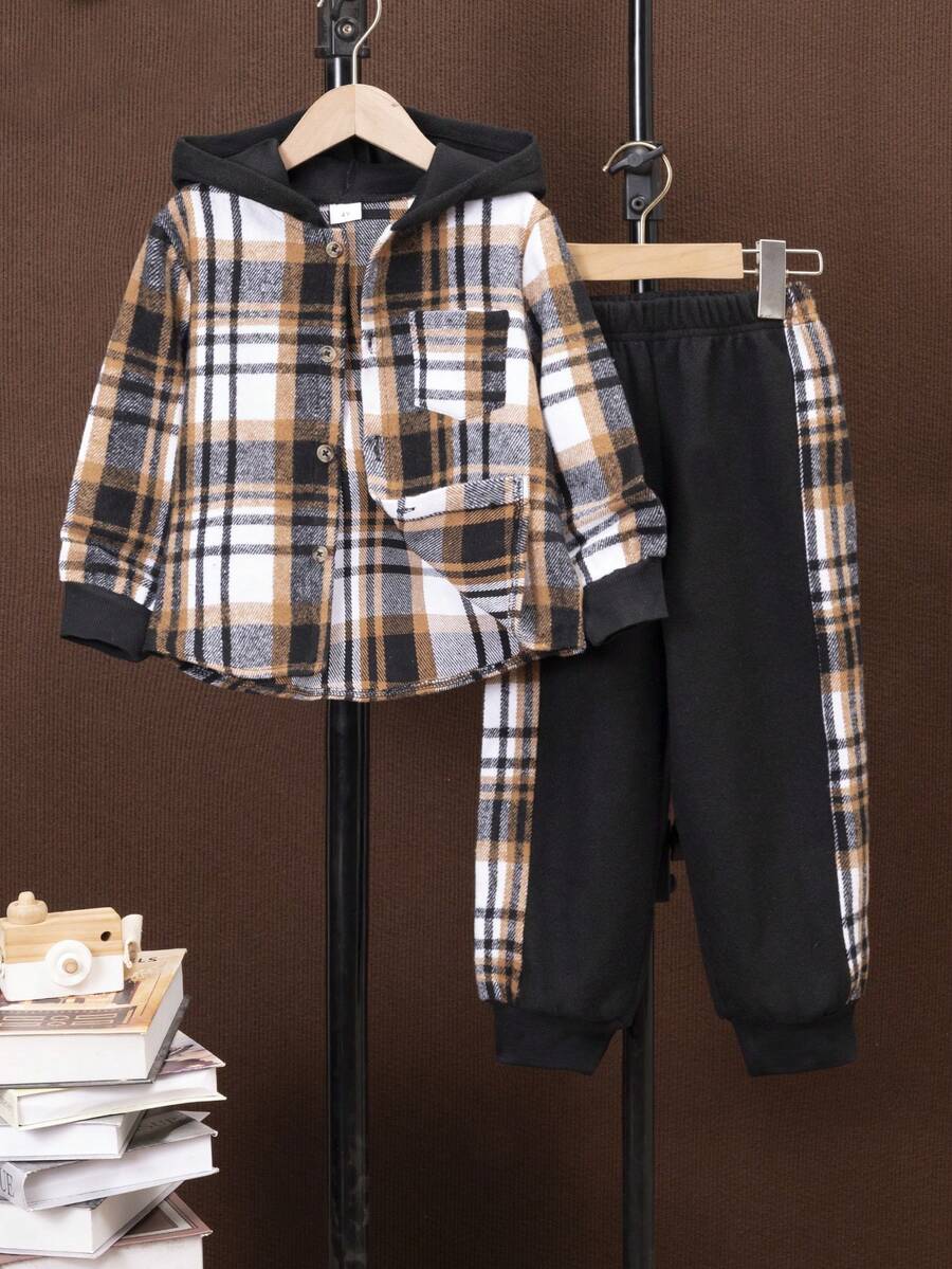 男小童格紋印花連帽襯衫和褲子