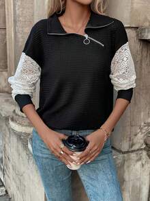 SHEIN Frenchy Sudadera de color combinado con bordado con ojal de hombros caídos - Negro - Ver 5