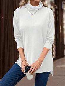 SHEIN LUNE Ống cổ Viền chia cắt Áo thun - trắng - Xem 6