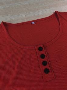 Half Button Scoop Neck Tee - Burgundy - View 3