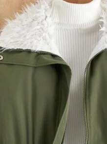 Teenage Girls' Green Parka With Drawstring Waist And Warm Lining For Fall And Winter - Army Green - View 3