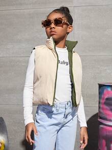 SHEIN Tween Girl 1pc Reversible Zipper Vest Padded Coat - Army Green - View 4