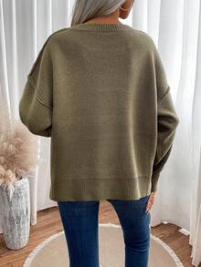 SHEIN Essnce 素色落肩袖套頭毛衣 - 軍綠色 - 查看 2