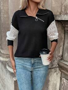 SHEIN Frenchy Sudadera de color combinado con bordado con ojal de hombros caídos - Negro - Ver 6