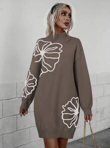 SHEIN Essnce 花卉圖案落肩袖小高領毛衣洋裝 - 咖啡棕 - 查看 1