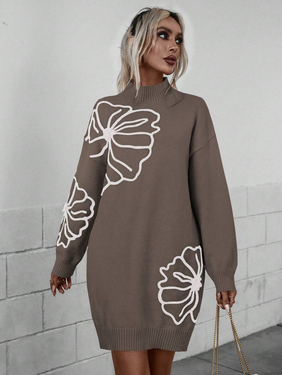 SHEIN Essnce 花卉圖案落肩袖小高領毛衣洋裝 - 咖啡棕 - 查看 1