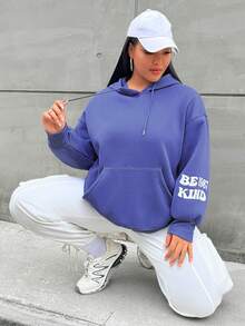 Flirla Plus Floral & Slogan Graphic Drop Shoulder Drawstring Hoodie - Purple - View 5