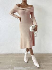 Chiquease Foldover Off Shoulder Twist Front Sweater Dress - Coral Pink - View 3