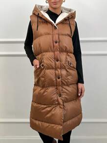 EURMUSE Dual Pocket Drawstring Hooded Puffer Vest Coat - Coffee Brown - View 3