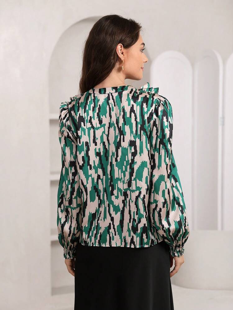 Allover Print Ruffle Trim Lantern Sleeve Blouse