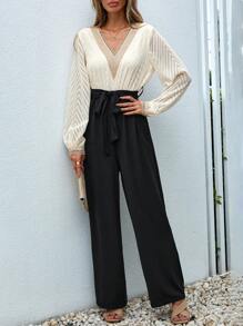SHEIN VCAY Two Tone Contrast Lace Belted Jumpsuit - Multicolor - View 3