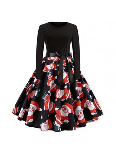 Christmas Print Belted Ball Gown Dress