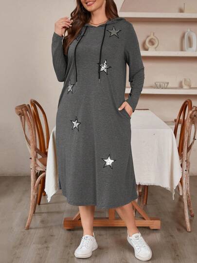 SHEIN LUNE Tamaño Grande Vestido Con Capucha Con Cordón, Remendado Con Estrellas Brillantes