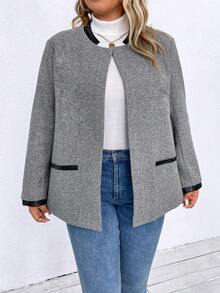 SHEIN LUNE Plus Contrast Trim Open Front Overcoat - Light Grey - View 4