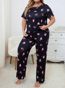 Plus Heart Print PJ Set / Pajama Set - Black - View 3