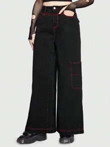 ROMWE Grunge Punk 刺繡細節寬腳無彈黑色牛仔褲,不含腰帶