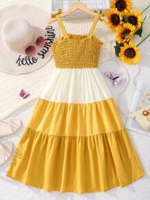 SHEIN Vintaside Kids Girls Colourblock Bow Shoulder Ruffle Hem Cami Dress - Yellow - View 2